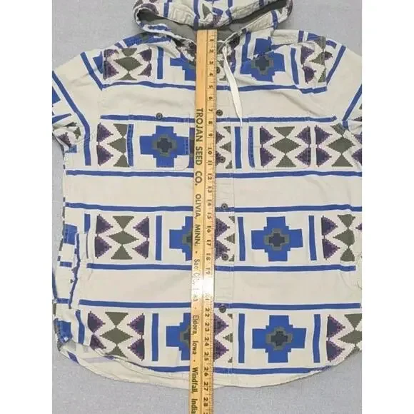 Modern Amusement Hooded Shirt Jacket L Aztec Tribal Cotton Southwest Print - Picture 7 of 8